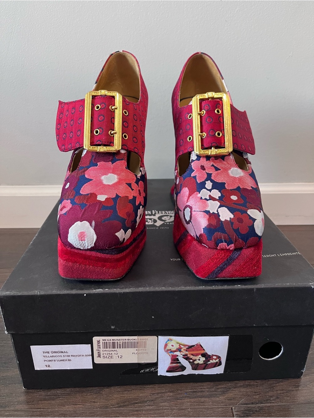 John Fluevog Mega Munsters Red Floral Platform with Gold Buckles